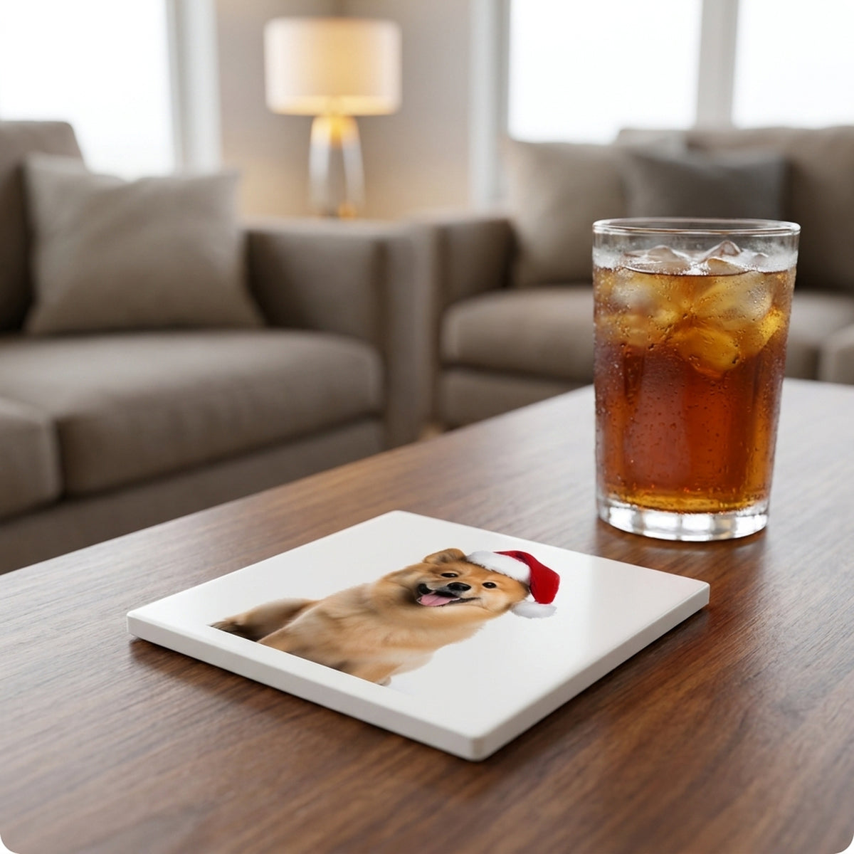 Finnish Spitz ceramic coasters set of 4, lifestyle