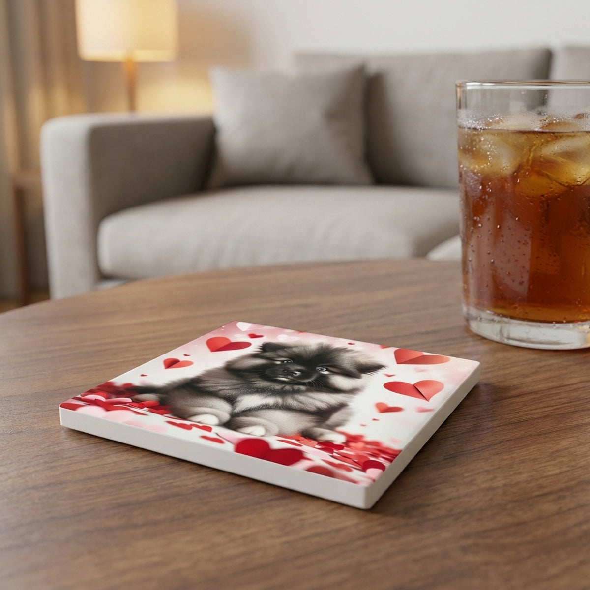 Keeshond ceramic coasters set of 4, lifestyle
