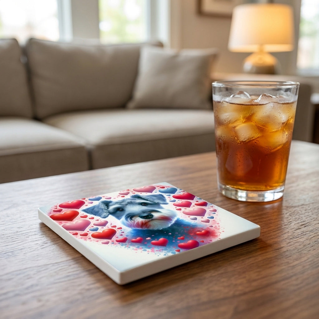 Miniature Schnauzer ceramic coasters set of 4, lifestyle