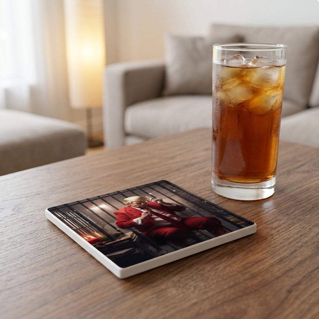 Red Cellblock Santa ceramic coasters set of 4, lifestyle