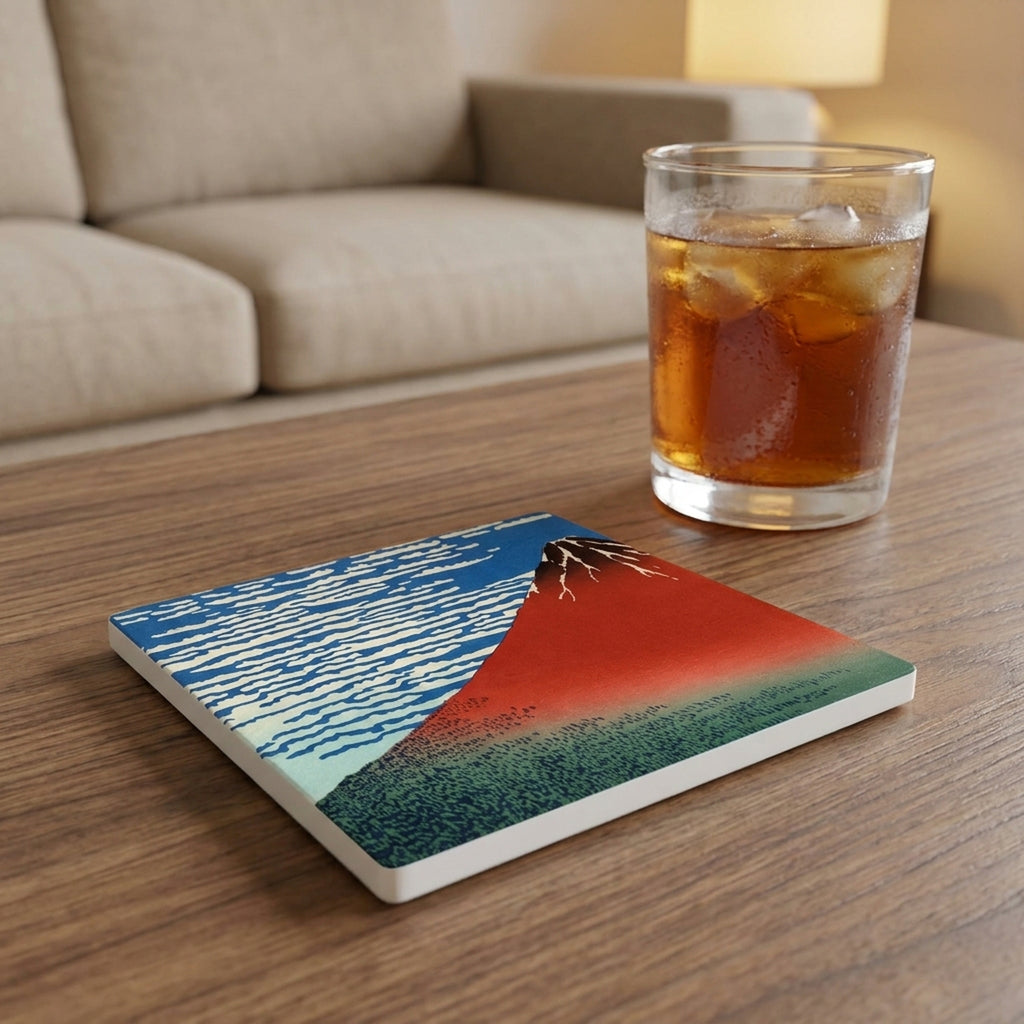 Red Fuji ceramic coasters set of 4, lifestyle