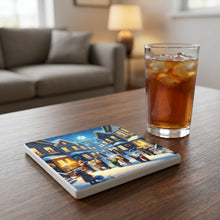 Snowy Hanukkah Village ceramic coasters set of 4, lifestyle