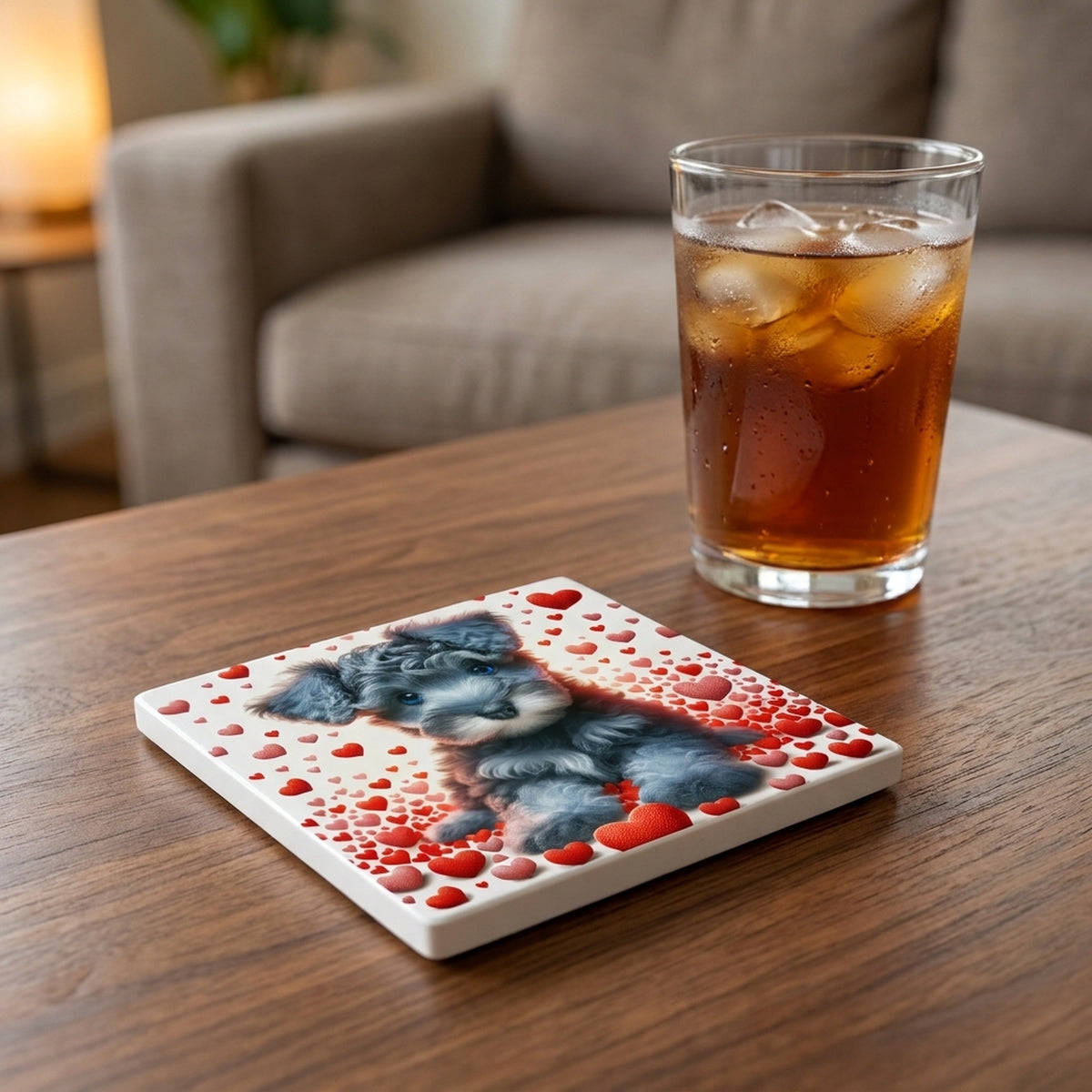 Miniature Schnauzer ceramic coasters set of 4, lifestyle