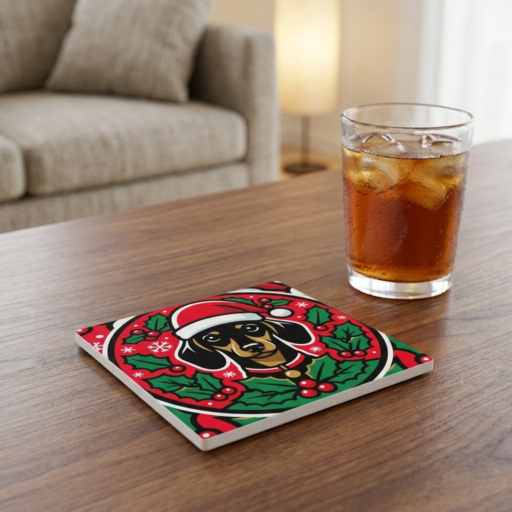 Dachshund Christmas Ornament Art ceramic coasters set of 4, lifestyle