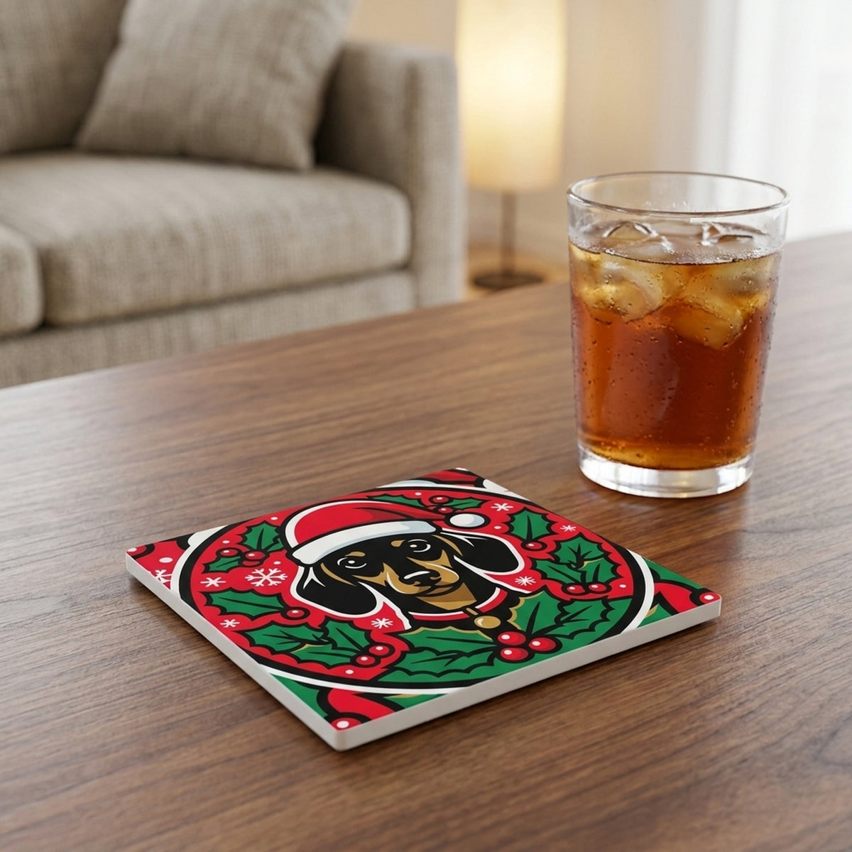 Dachshund Christmas Ornament Art ceramic coasters set of 4, lifestyle