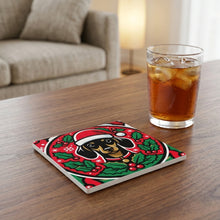 Dachshund Christmas Ornament Art ceramic coasters set of 4, lifestyle