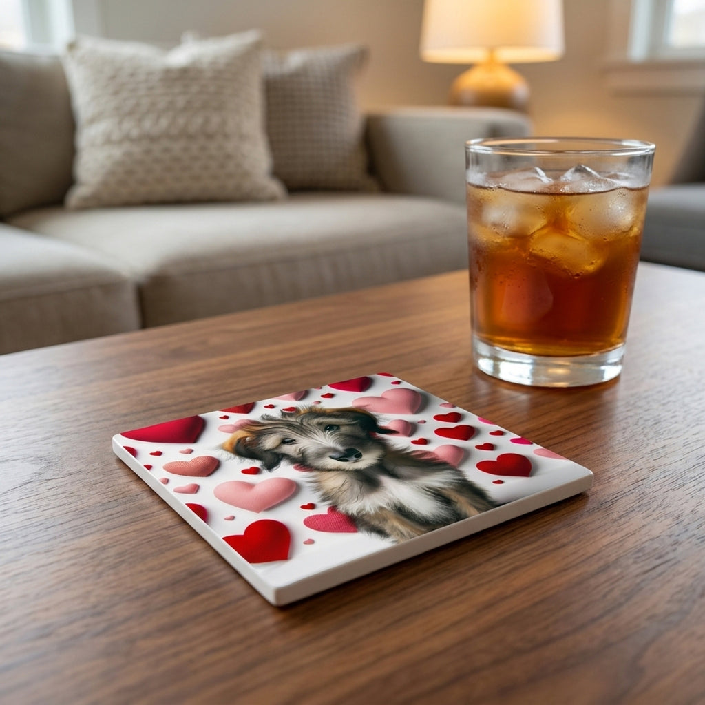 Irish Wolfhound ceramic coasters set of 4, lifestyle