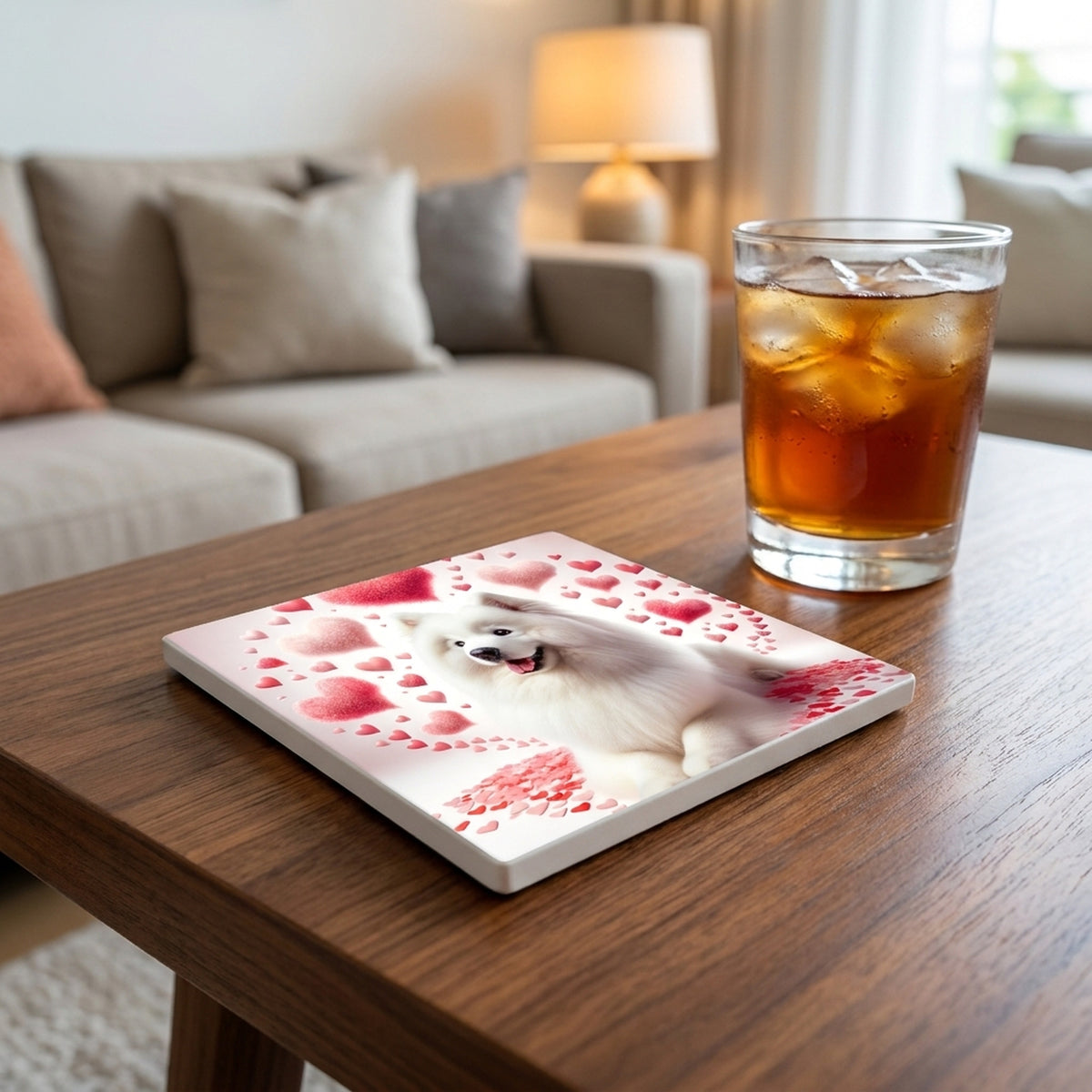 Samoyed ceramic coasters set of 4, lifestyle
