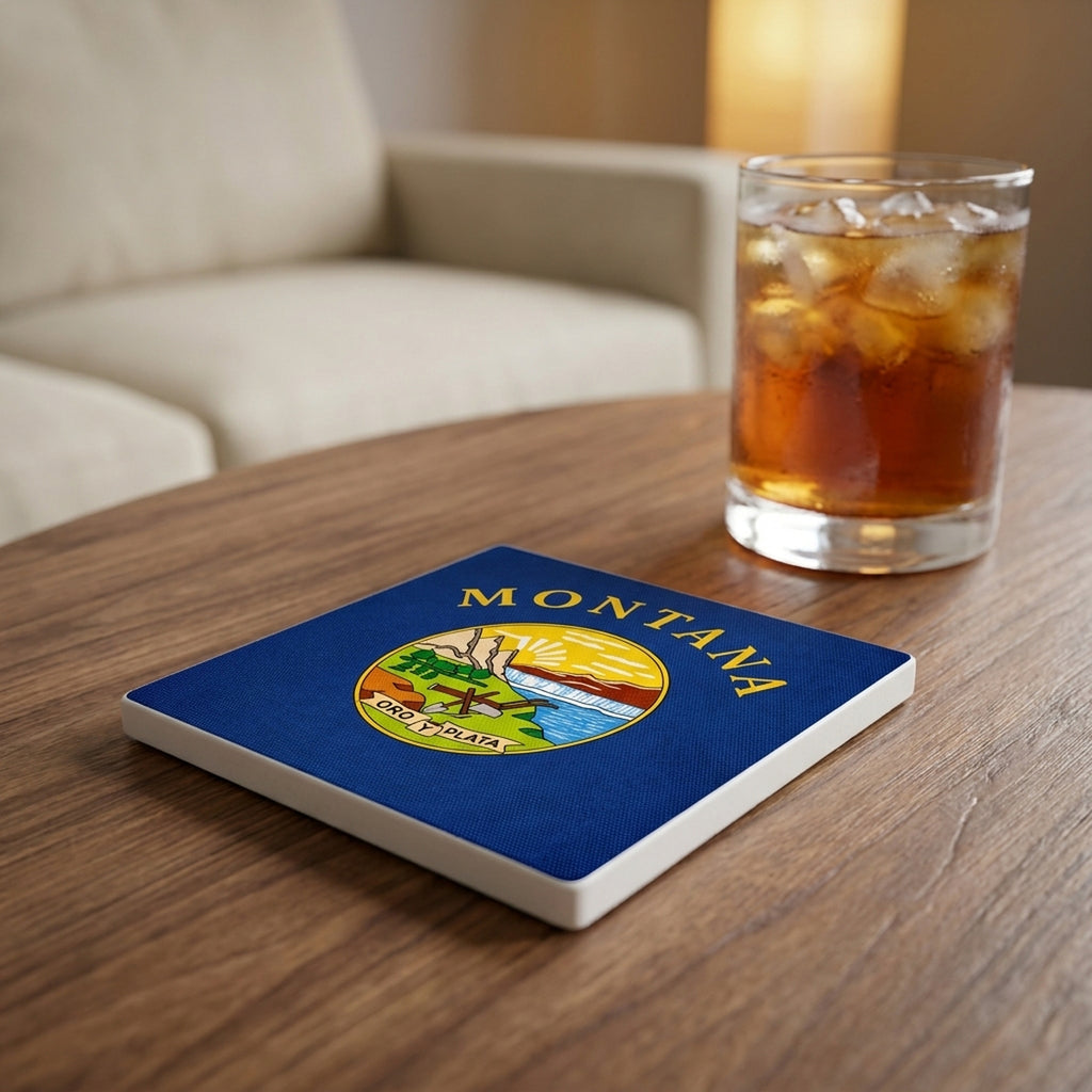 Montana State Flag ceramic coasters set of 4, lifestyle
