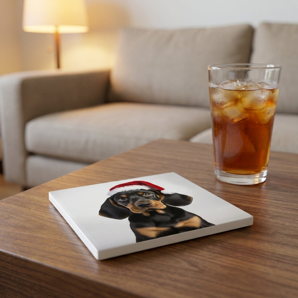 Black and Tan Coonhound Puppy ceramic coasters set of 4, lifestyle