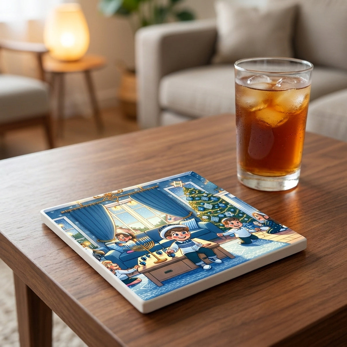Blue Hanukkah Celebration ceramic coasters set of 4, lifestyle