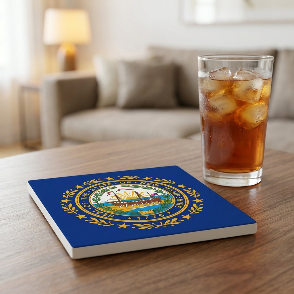New Hampshire State Flag ceramic coasters set of 4, lifestyle
