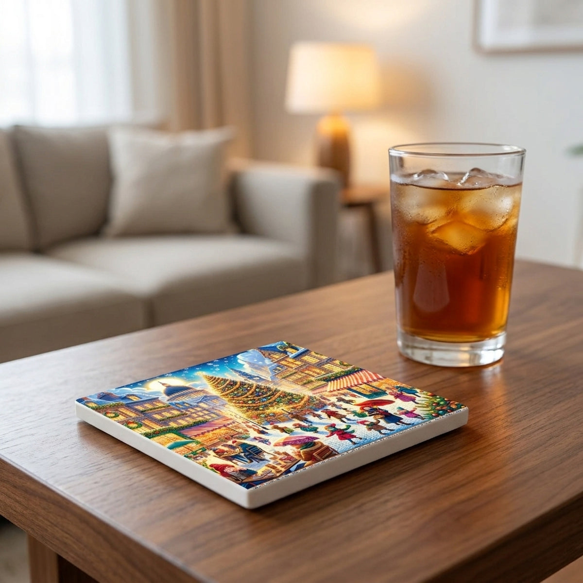 Holiday Town Square ceramic coasters set of 4, lifestyle
