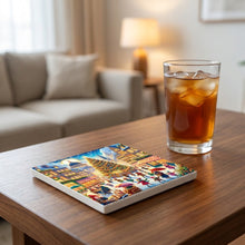 Holiday Town Square ceramic coasters set of 4, lifestyle