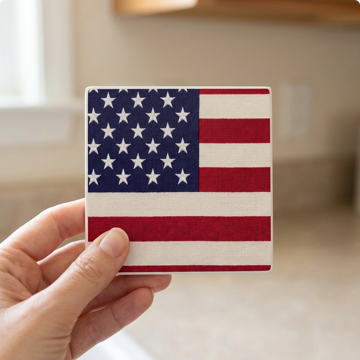 Classic American Flag ceramic coasters set of 4, in hand