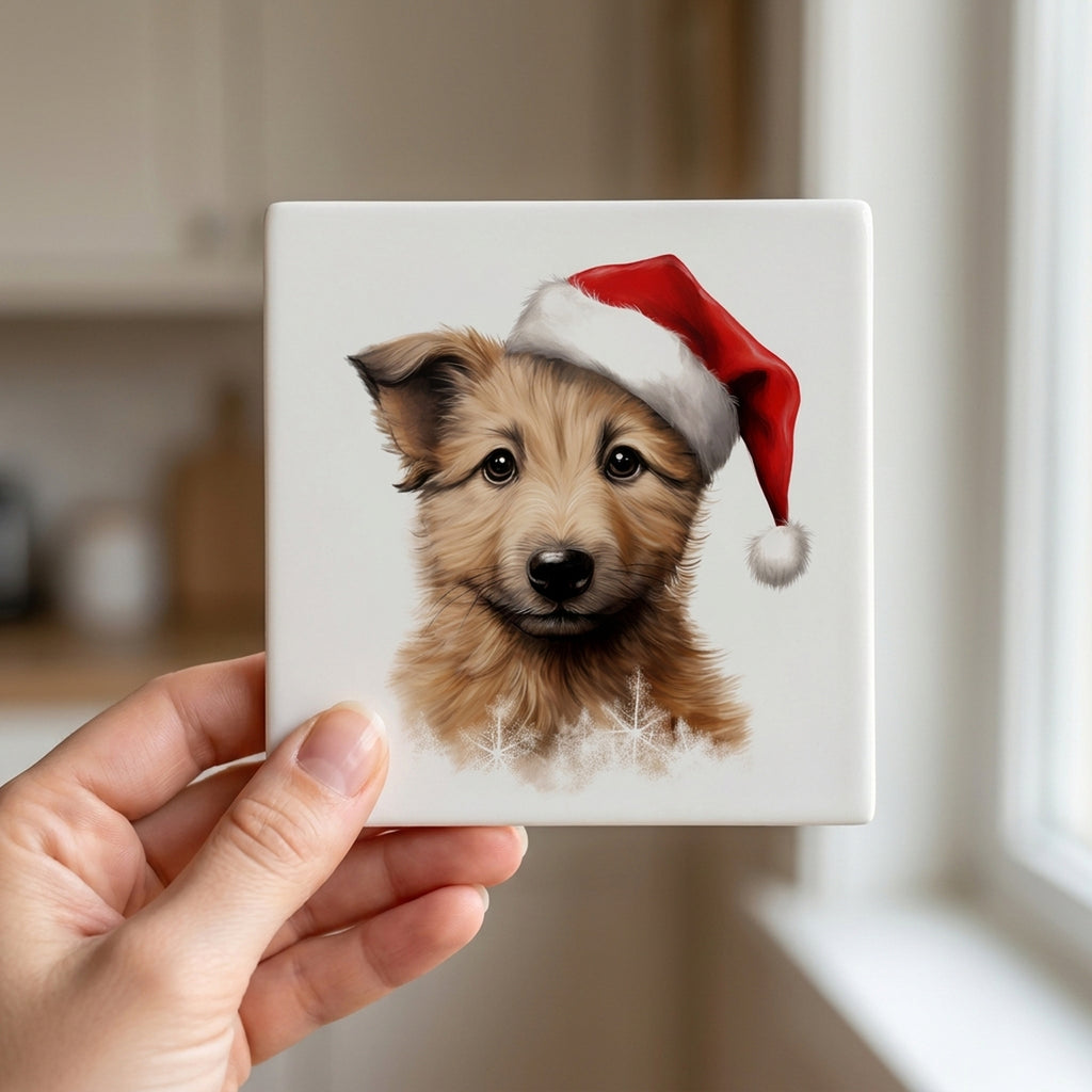 Berger Picard Puppy Drawing ceramic coasters set of 4, in hand