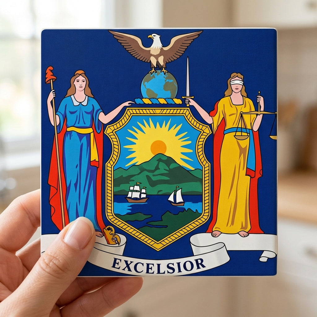 New York State Flag ceramic coasters set of 4, in hand
