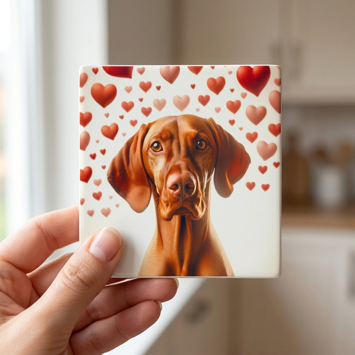 Vizsla ceramic coasters set of 4, in hand