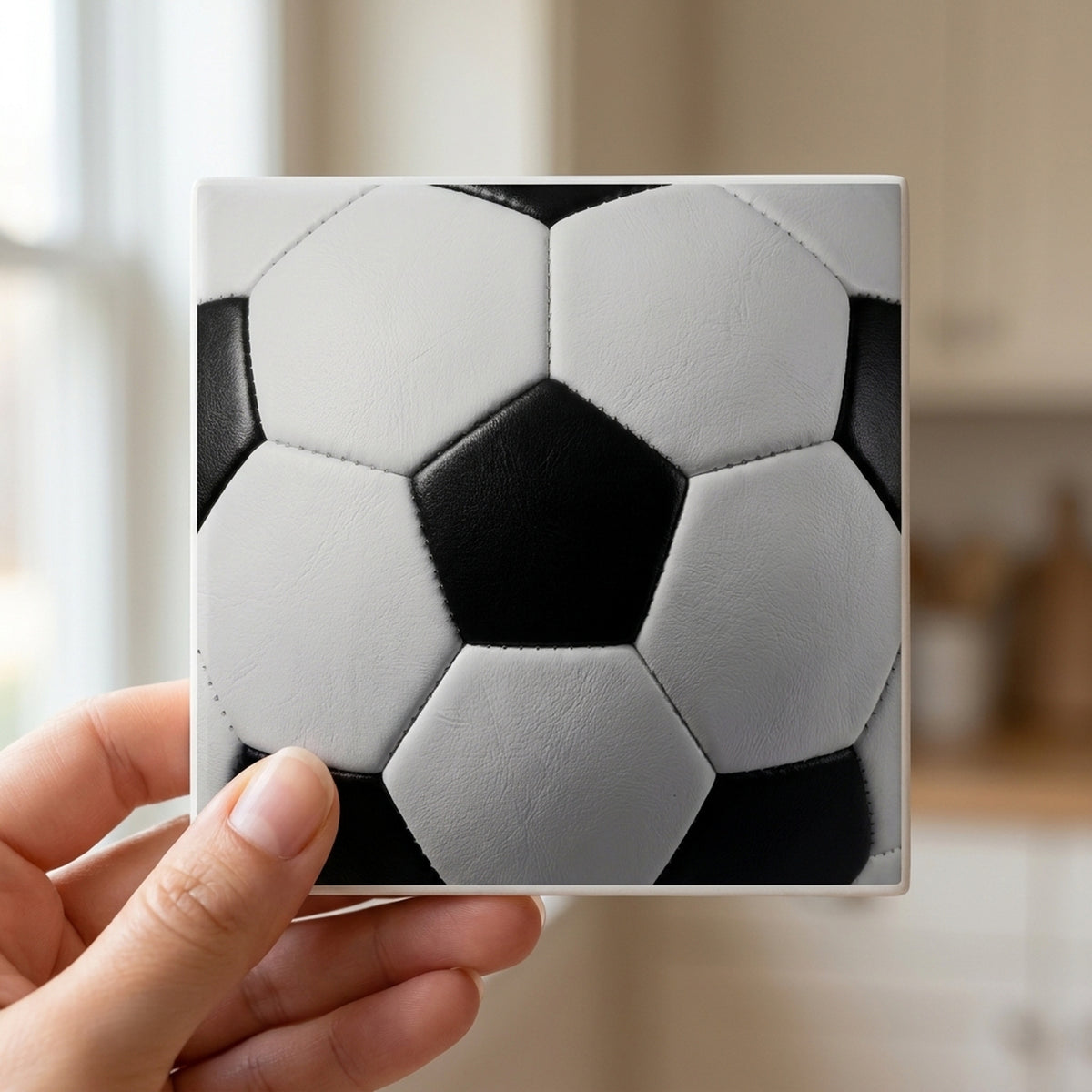 Soccer Ball ceramic coasters set of 4, in hand