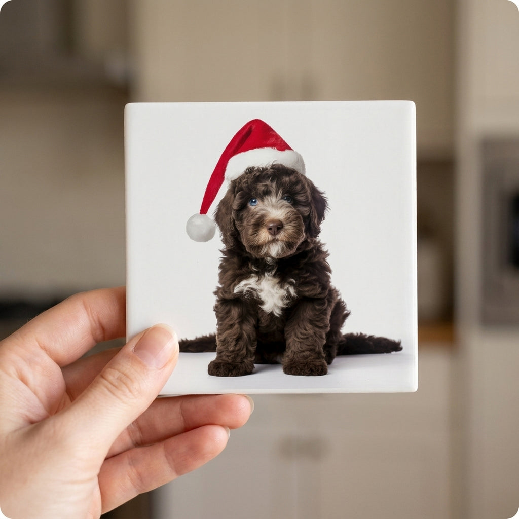 Spanish Water Dog Puppy ceramic coasters set of 4, in hand