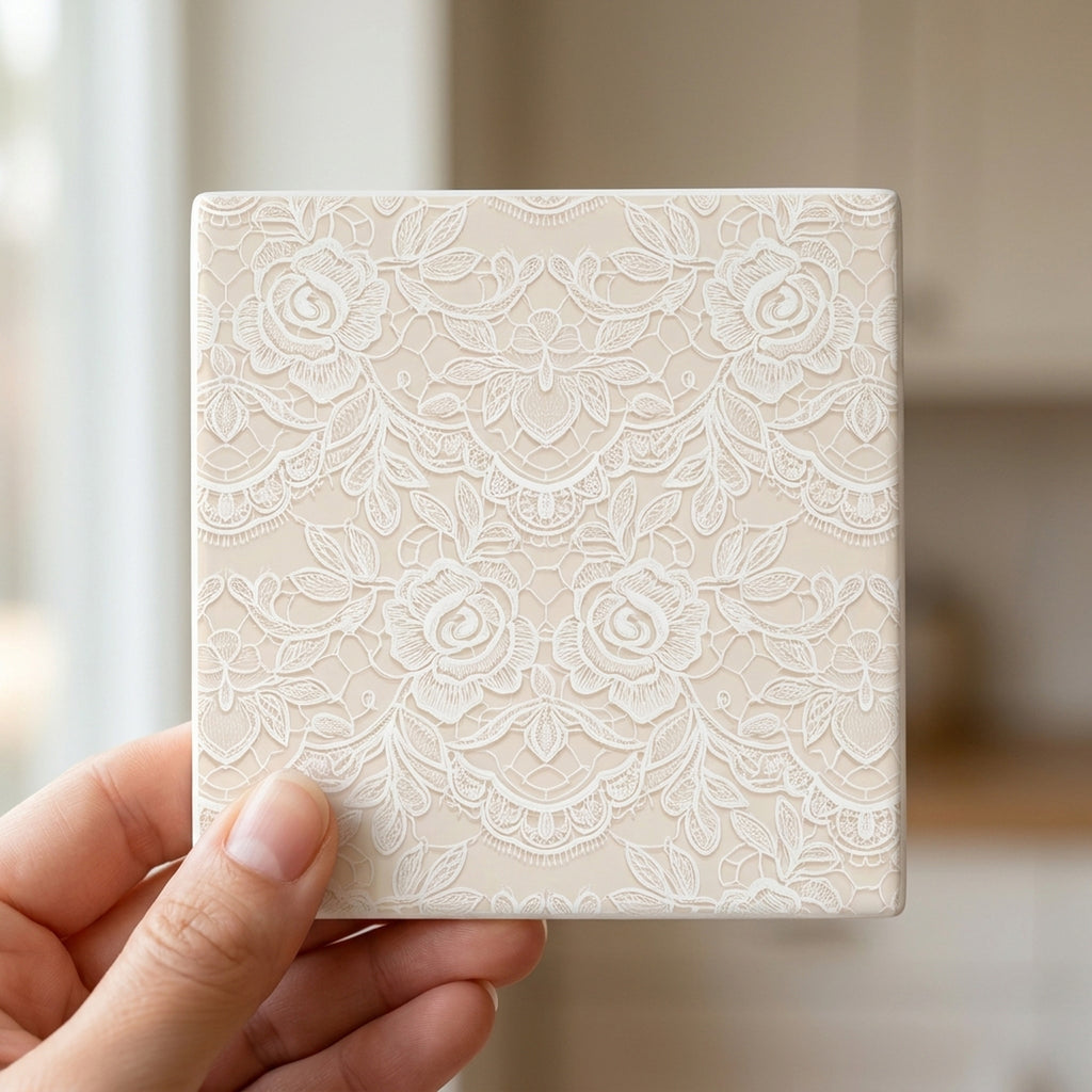 Floral Lace ceramic coasters set of 4, in hand