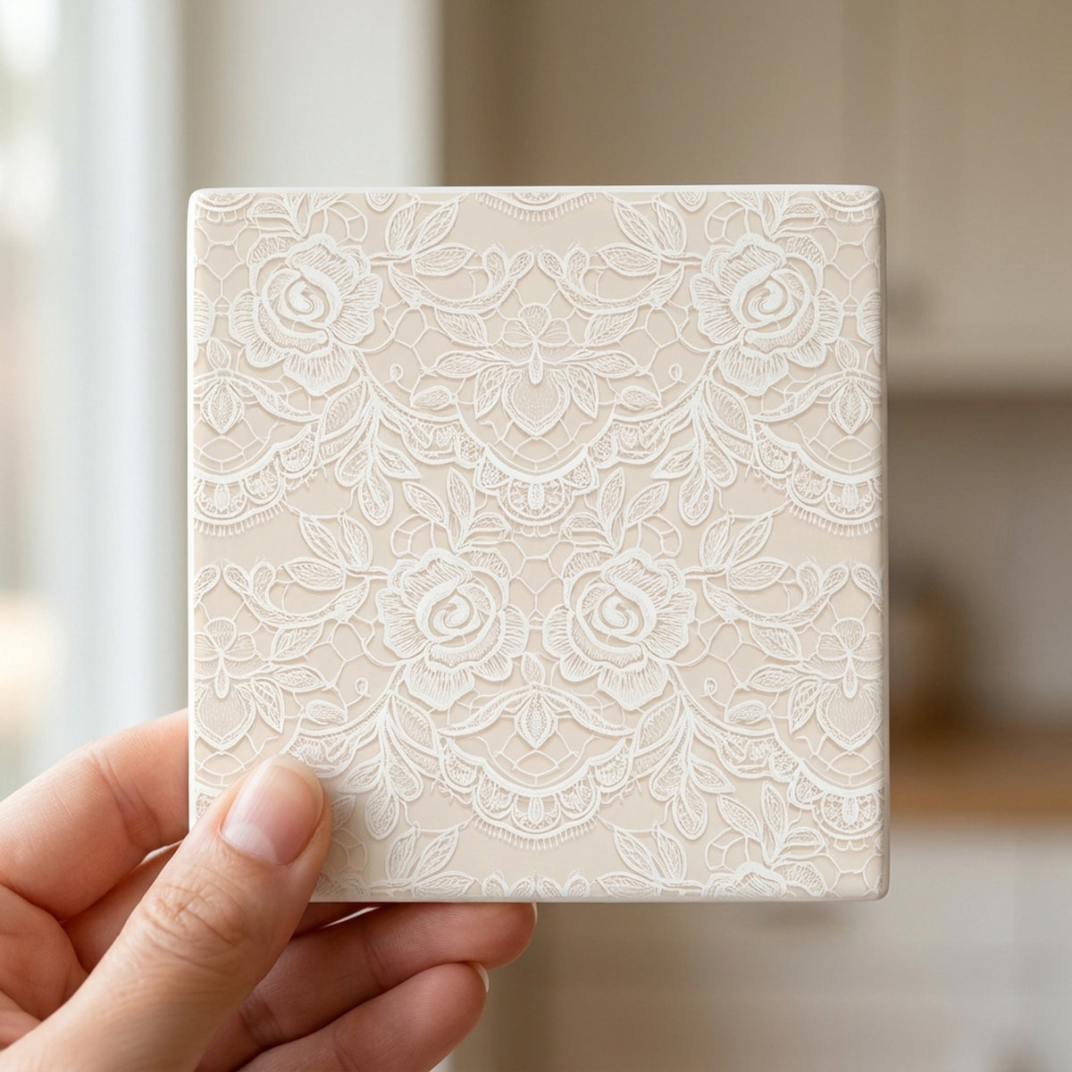 Floral Lace ceramic coasters set of 4, in hand