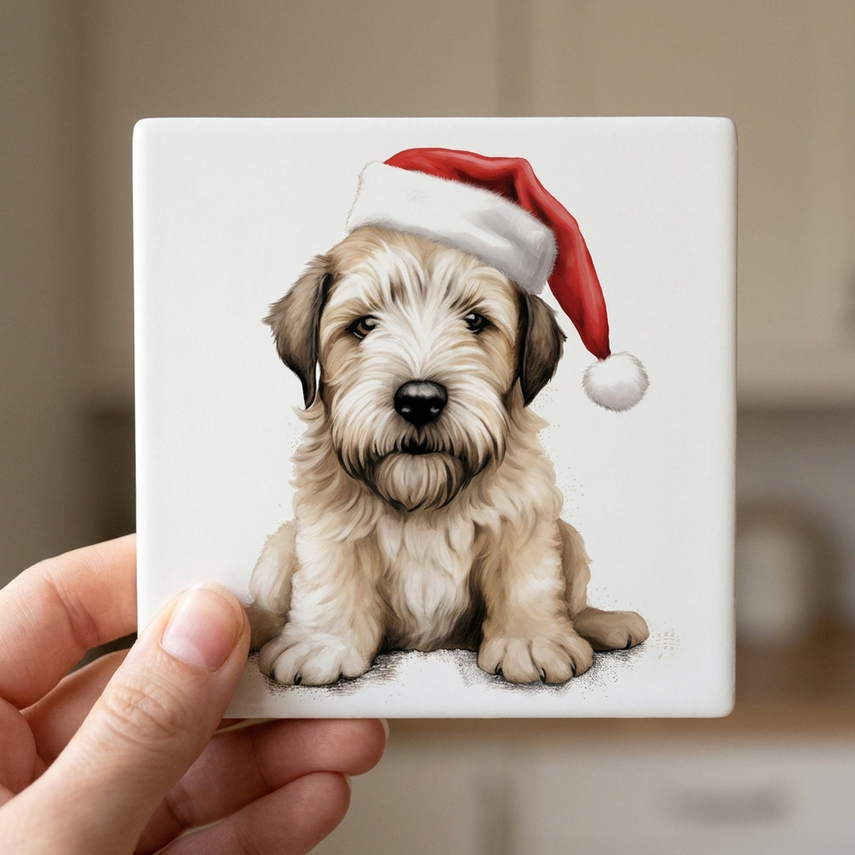 Soft Coated Wheaten Terrier Puppy Drawing ceramic coasters set of 4, in hand
