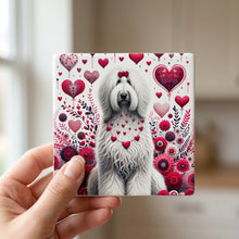 Old English Sheepdog ceramic coasters set of 4, in hand
