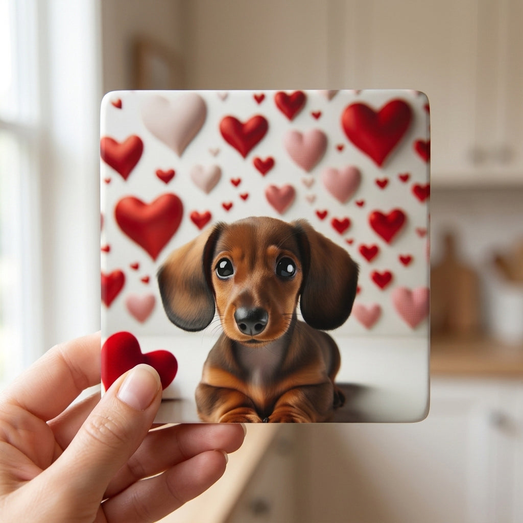 Dachshund ceramic coasters set of 4, in hand