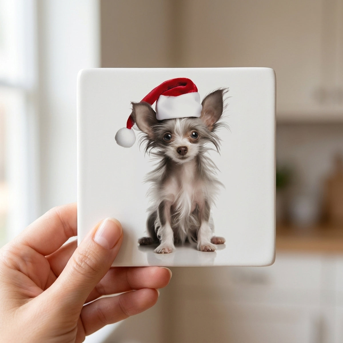 Chinese Crested Puppy ceramic coasters set of 4, in hand