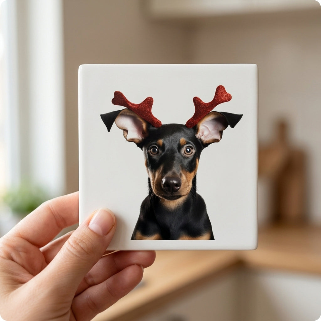 Doberman Pinscher Puppy ceramic coasters set of 4, in hand