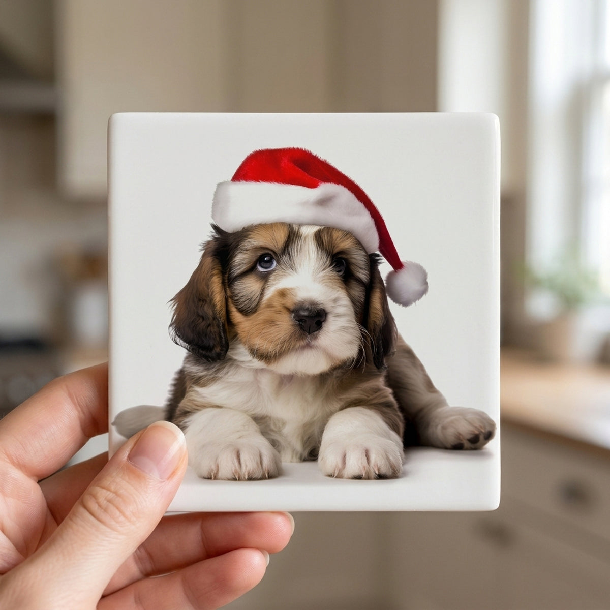 Petit Basset Griffon Vendéen Puppy ceramic coasters set of 4, in hand
