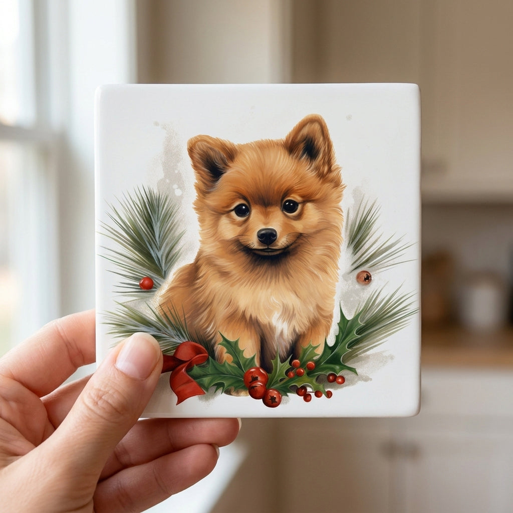 Finnish Spitz Puppy Drawing ceramic coasters set of 4, in hand