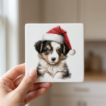 Collie Puppy Drawing ceramic coasters set of 4, in hand