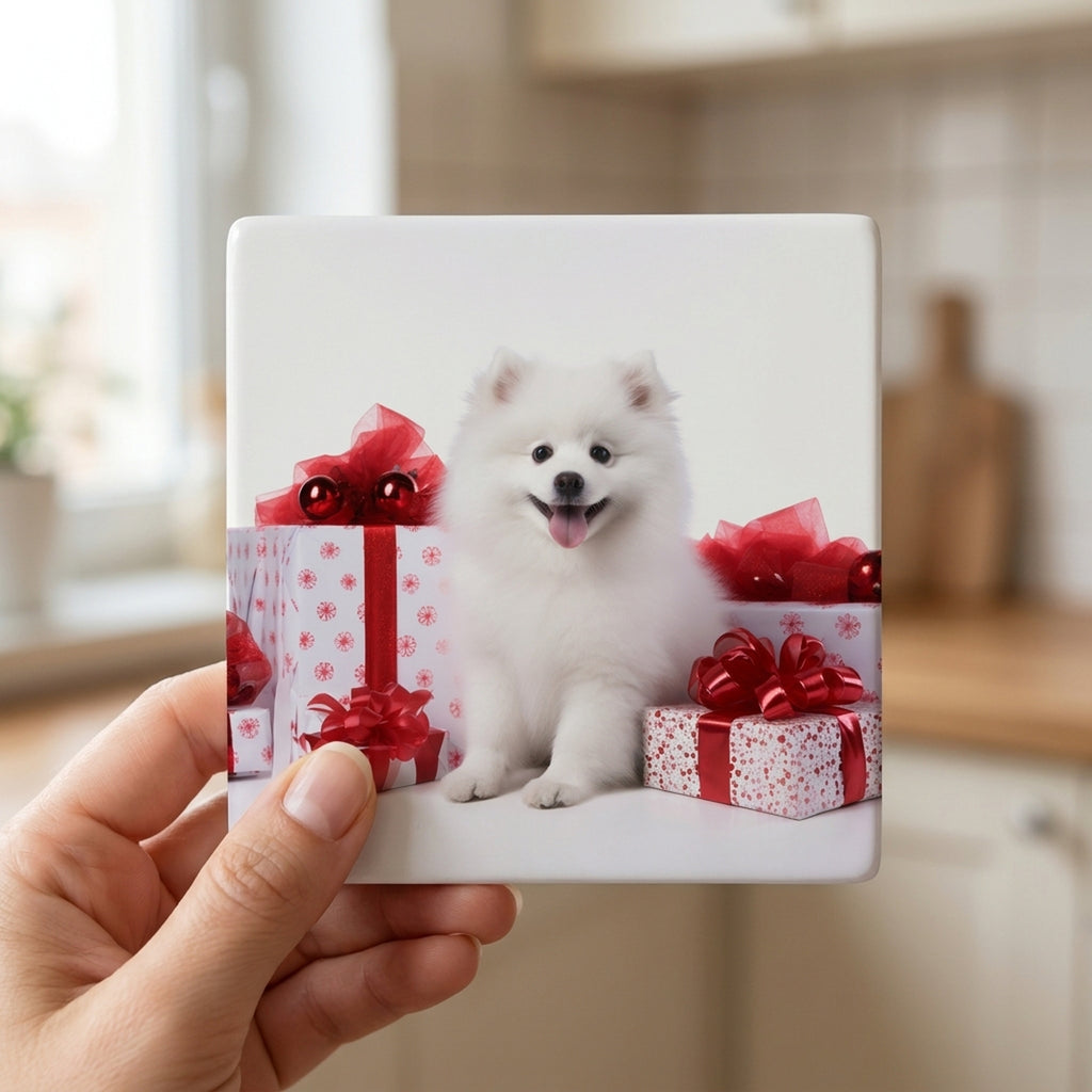 American Eskimo Dog Puppy ceramic coasters set of 4, in hand