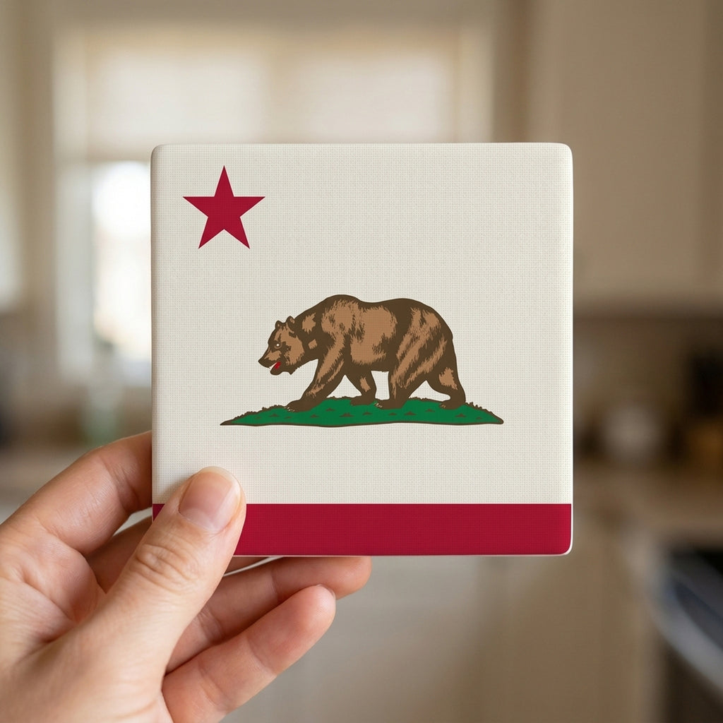 California State Flag ceramic coasters set of 4, in hand