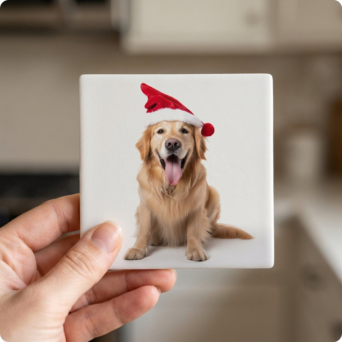 Golden Retriever ceramic coasters set of 4, in hand