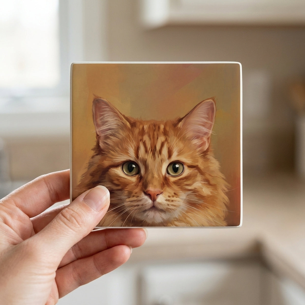 Orange Tabby Cat Portrait ceramic coasters set of 4, in hand