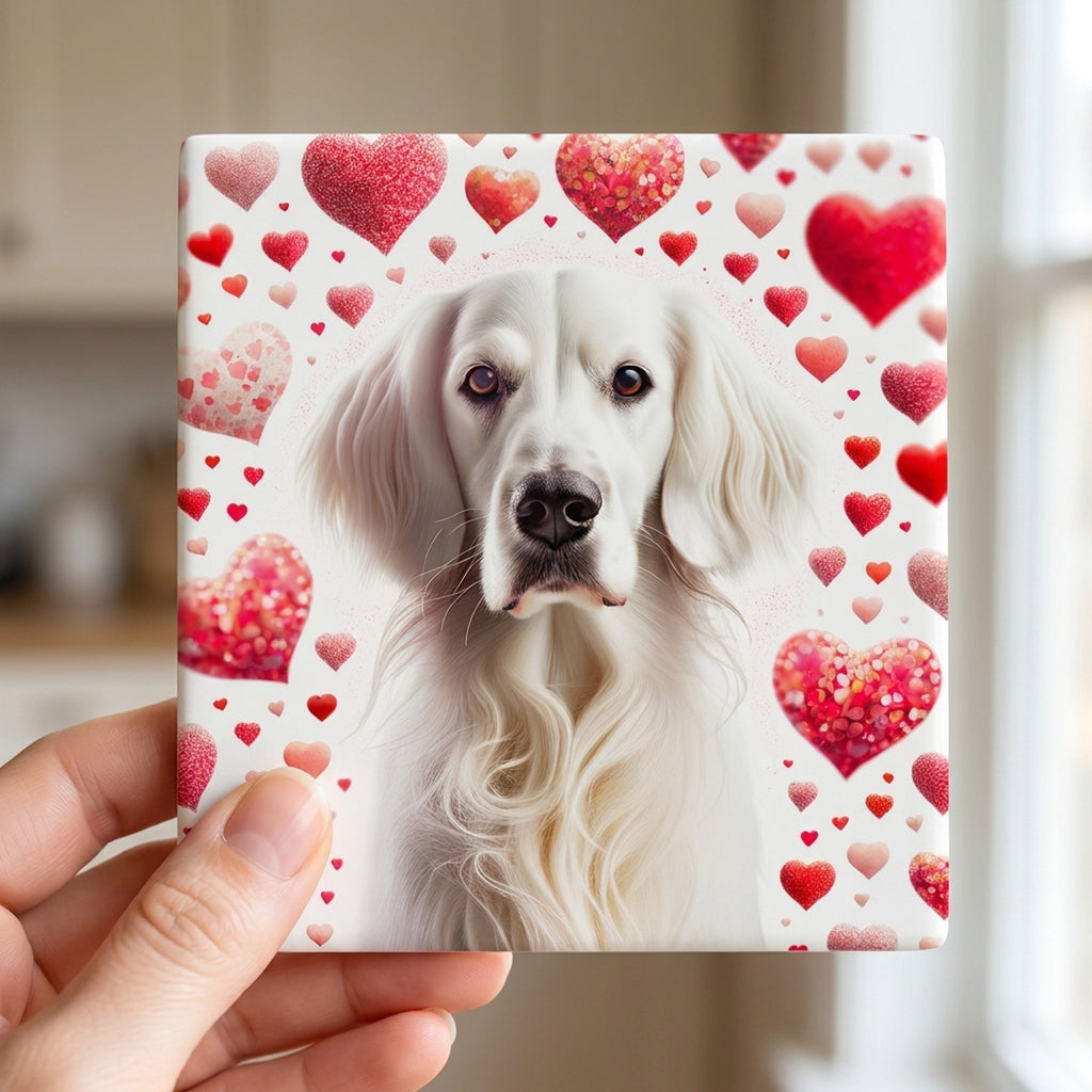 English Setter ceramic coasters set of 4, in hand