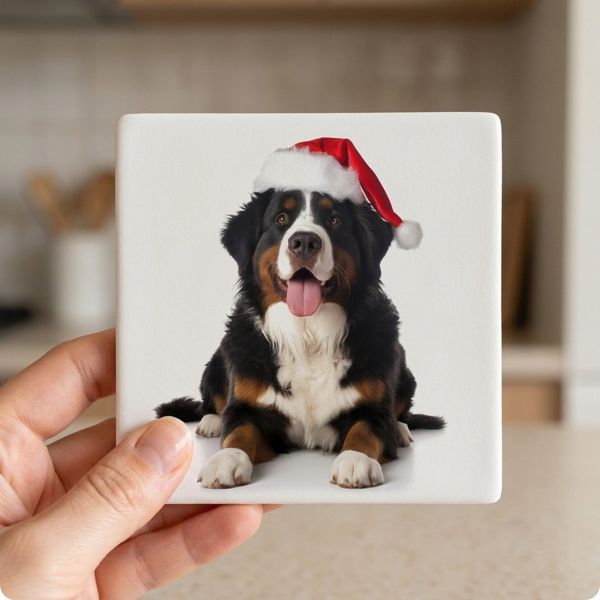 Bernese Mountain Dog ceramic coasters set of 4, in hand
