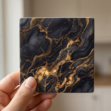 Black Gold Marble ceramic coasters set of 4, in hand