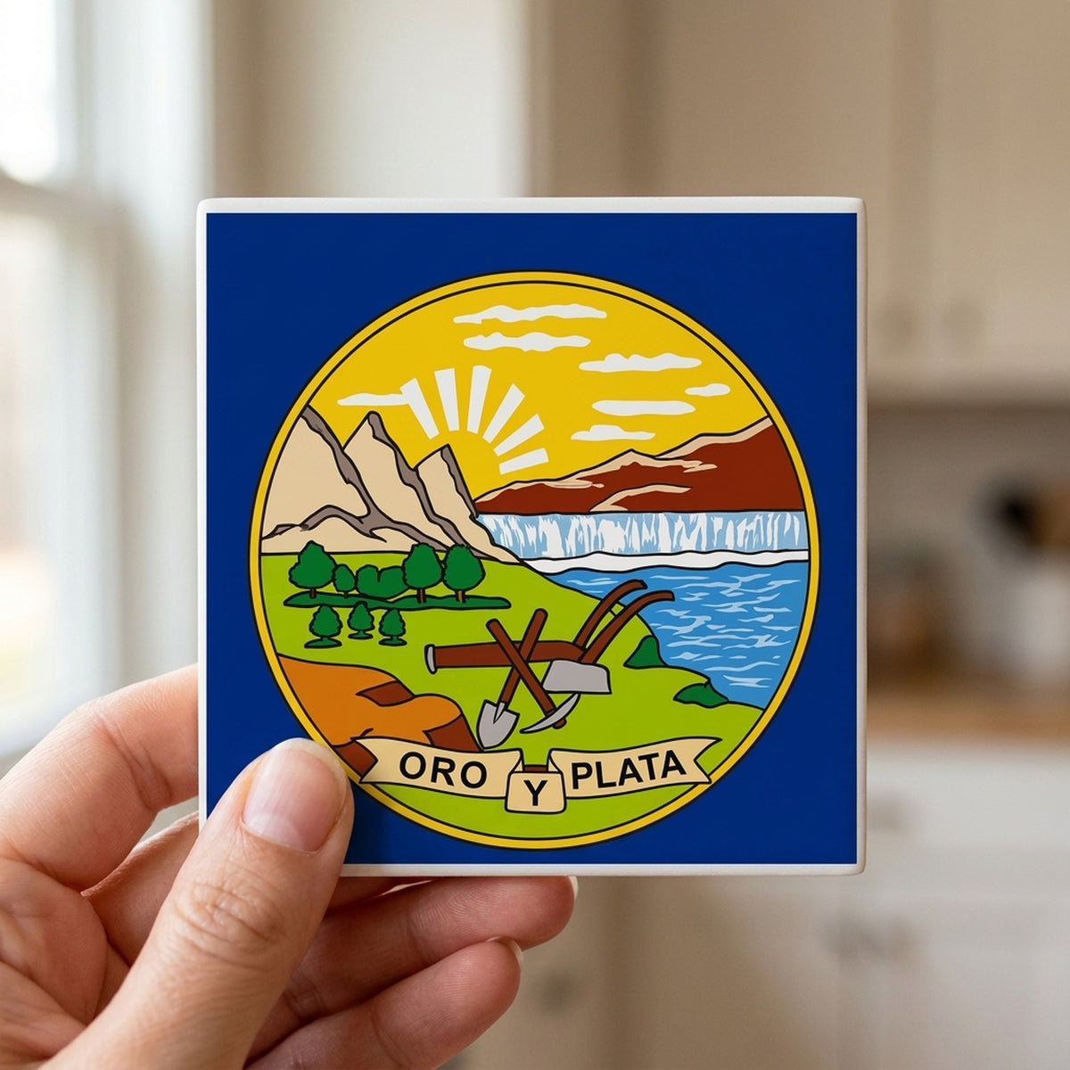 Montana State Flag ceramic coasters set of 4, in hand