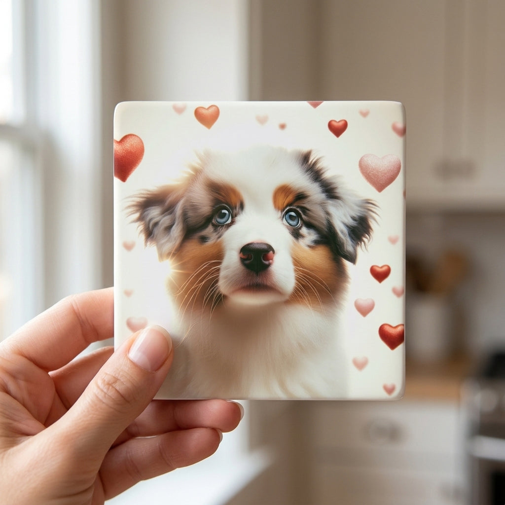 Australian Shepherd ceramic coasters set of 4, in hand