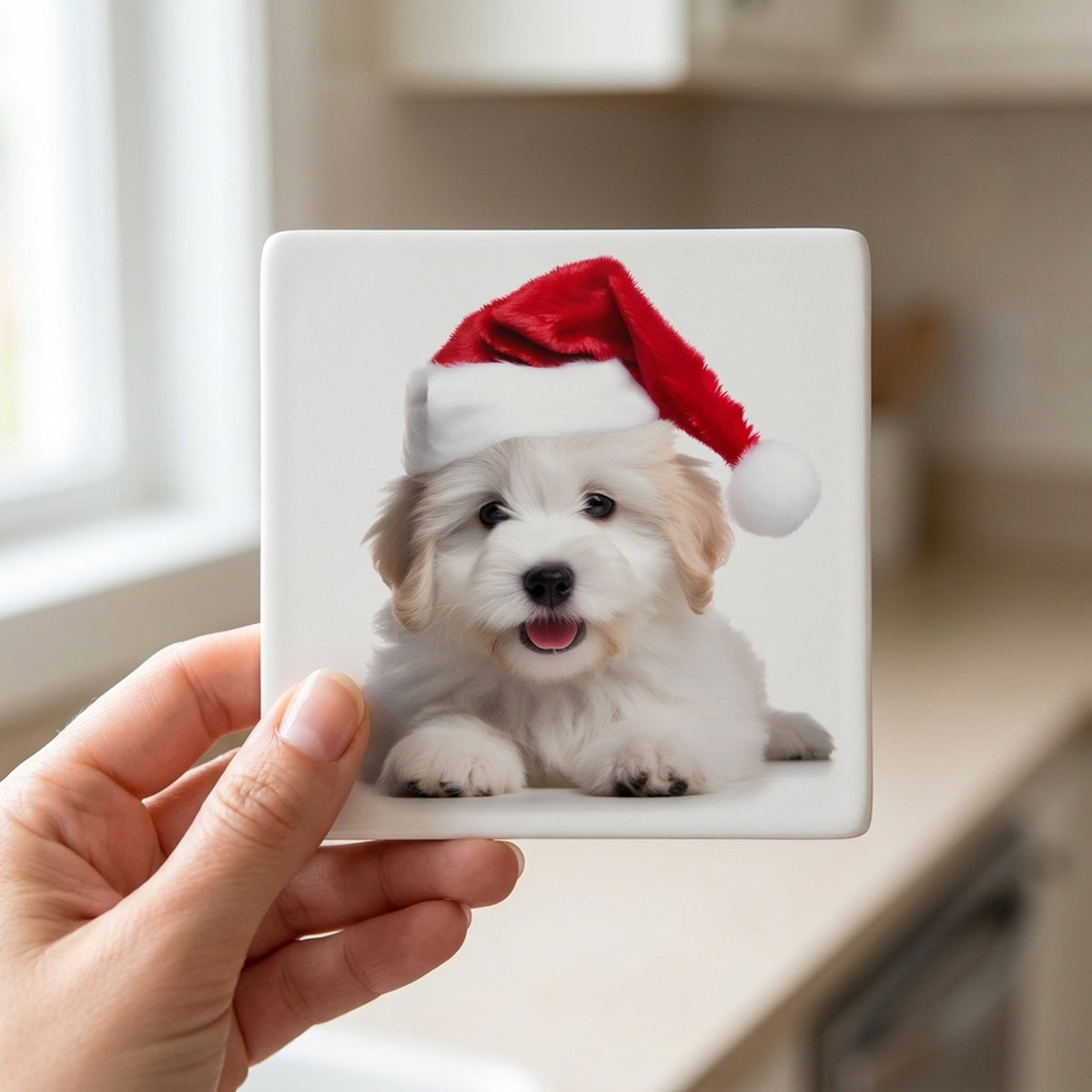 Coton de Tulear Puppy ceramic coasters set of 4, in hand