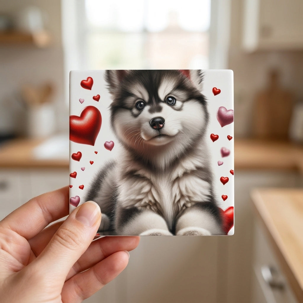 Siberian Husky ceramic coasters set of 4, in hand