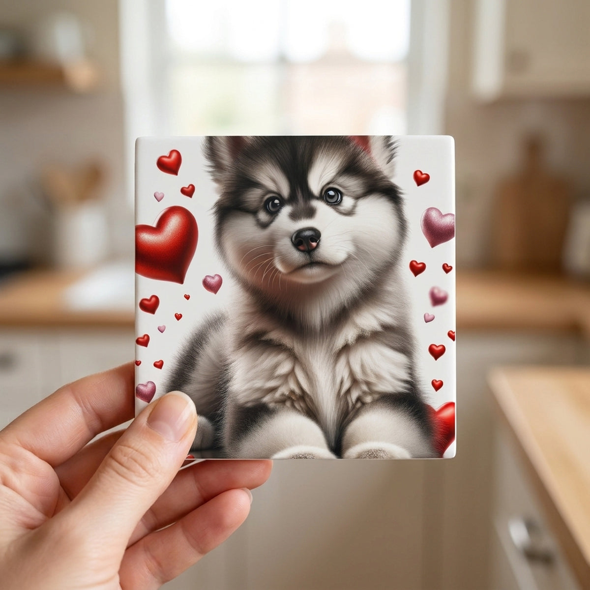 Siberian Husky ceramic coasters set of 4, in hand