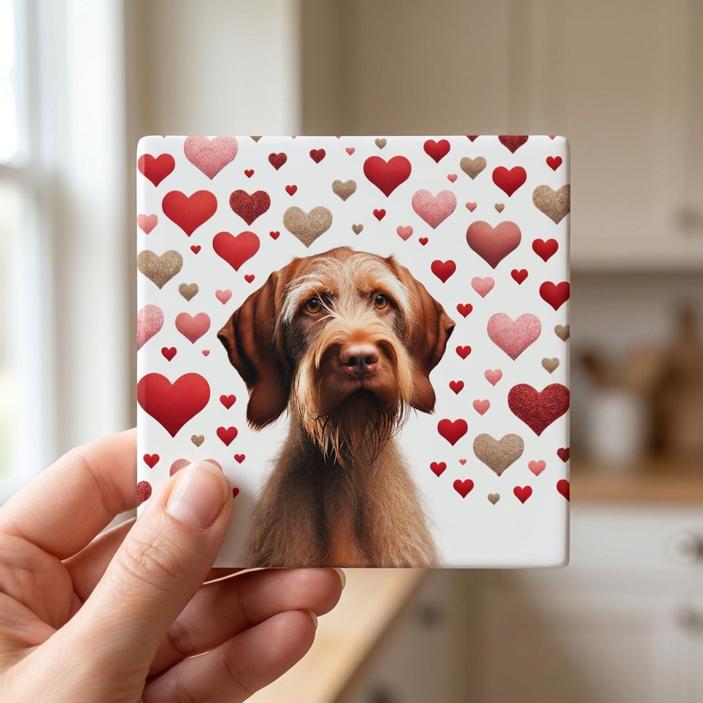 Wirehaired Vizsla ceramic coasters set of 4, in hand