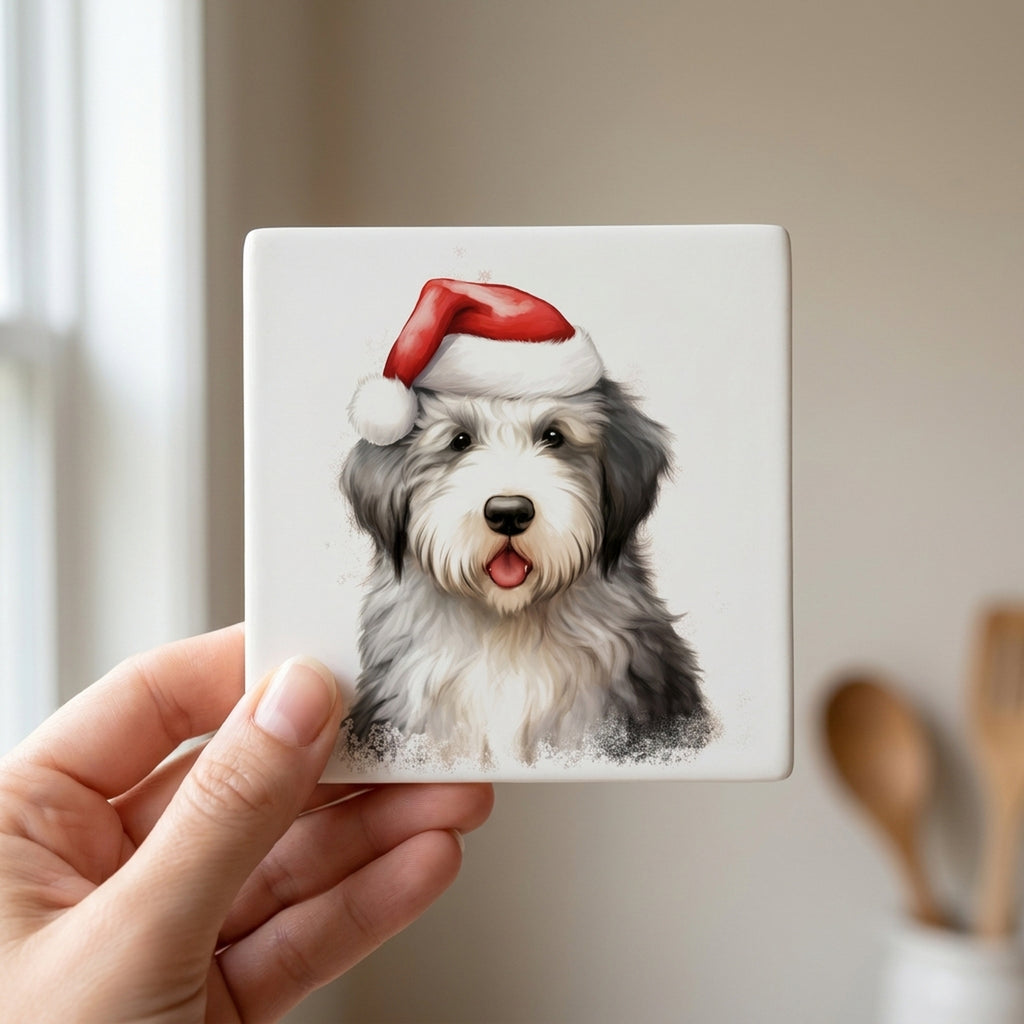 Old English Sheepdog Puppy Drawing ceramic coasters set of 4, in hand