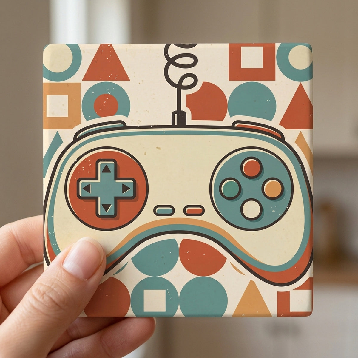 Retro Game Controller ceramic coasters set of 4, in hand
