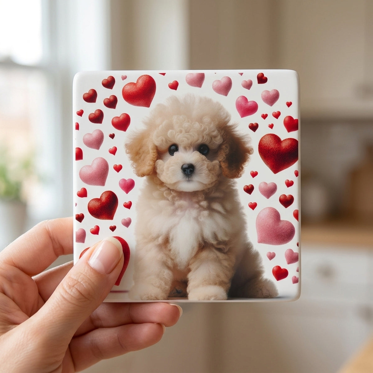 Poodle ceramic coasters set of 4, in hand